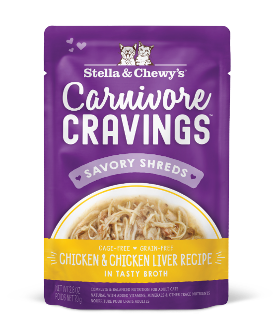 Picture of Stella & Chewy's Chicken & Chicken Liver Recipe in Tasty Broth Savory Shreds Carnivore Cravings Pouch 2.8 oz