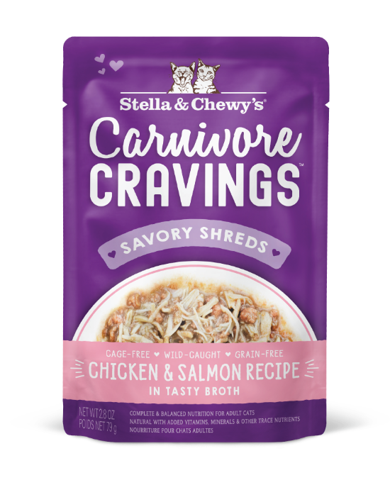 Picture of Stella & Chewy's Chicken & Salmon Recipe in Tasty Broth Savory Shreds Carnivore Cravings Pouch (2.8 oz x 24)
