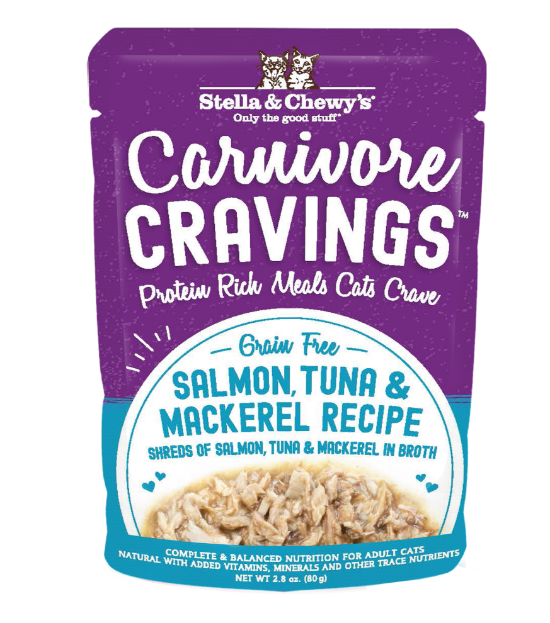 Picture of Stella & Chewy's Salmon, Tuna & Mackerel Recipe in Tasty Broth Savory Shreds Carnivore Cravings Pouch 2.8 oz
