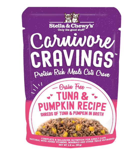 Picture of Stella & Chewy's Adult Tuna + Pumpkin Recipe in Tasty Broth Savory Shreds Carnivore Cravings Pouch 2.8 oz